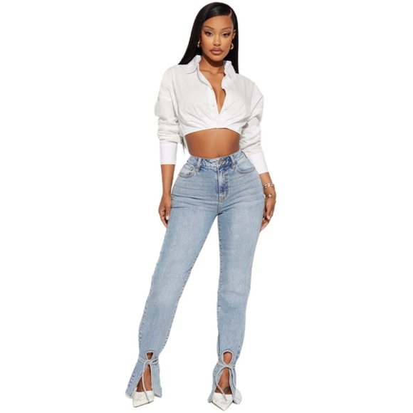 Fashion Nova All Tied Up Light Wash Blue Straight Leg Denim Jeans Size 13 - Picture 11 of 11